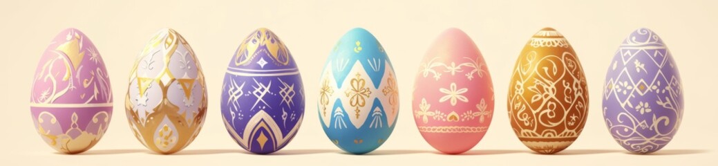 Fototapeta premium Vibrant Easter Egg Decorations in Various Styles banner - Festive Delights on a Light Background