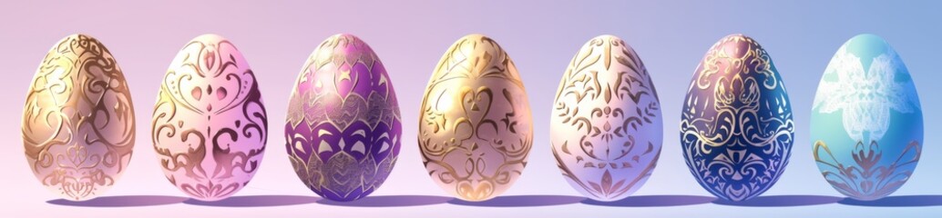 Fototapeta premium Vibrant Easter Egg Decorations in Various Styles banner - Festive Delights on a Light Background