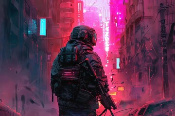 futuristic cyberpunk soldier in apocalyptic city ruins neon weapons digital painting