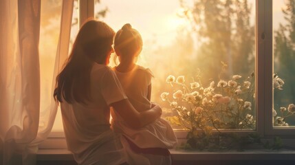 A quiet early morning scene where a mother and daughter sit by a window, watching the sunrise while embracing, their silent connection speaking volumes about the depth of their love and bond.