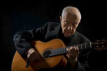 Elderly man in classical suit playing acoustic guitar. Spanish traditional live music performance