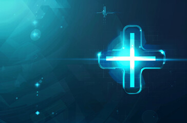 Health, hologram and icon with futuristic wellness and medical aid sign with blue background. Virtual, light and technology with healthcare, medic and telehealth tech symbol with mockup space