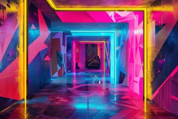 futuristic interior with vibrant geometric graffiti walls and neon lighting urban design digital art