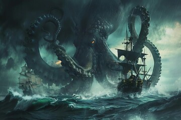 Fototapeta premium giant octopus attacking pirate ships in stormy sea digital fantasy illustration