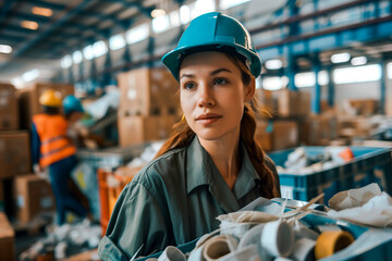 Female worker sorting trash material to be processed in a waste recycling plan with many colleagues in the background. Separate garbage collection.