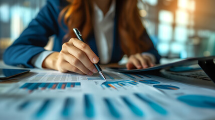 business woman working in office accountant concept finance analysis business report graph chart financial financial chart corporate economy, banking, market research.