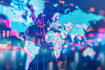 Obraz premium World map at stock market charts and forex data. Finance, global financial markets concept.