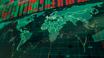 Obraz premium World map at stock market charts and forex data. Finance, global financial markets concept.