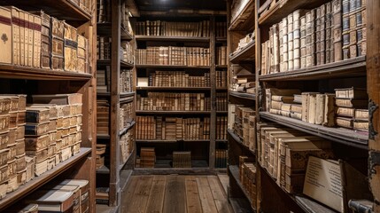 Obraz premium A quiet study filled with ancient religious texts, the shelves lined with manuscripts that hold centuries of theological knowledge and wisdom.