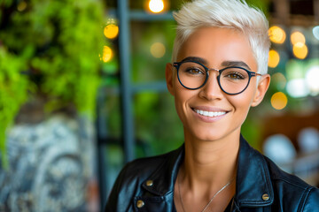 Gender-neutral person exuding confidence while working in an office, embodying LGBTQ pride and professionalism