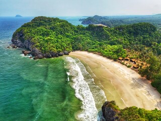 Beach with sky clouds aerial view. Top view Clean white beaches and emerald green seas. atmosphere...