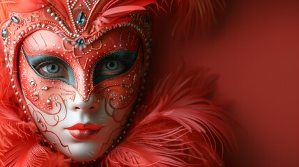 Close-up of a Venetian carnival mask with feathers