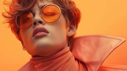 Close-up of a fashion model wearing orange sunglasses and a vibrant jacket