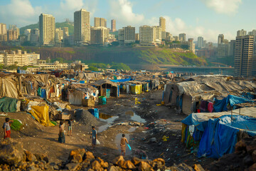 Income inequality, a view of a slum with dilapidated shanty houses with high rise buildings in...