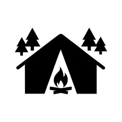 "Camping Icon: Features A Classic Tent And Fire Setup Within A Forest Scene, Emphasizing The Adventurous Spirit Of Camping In Nature."