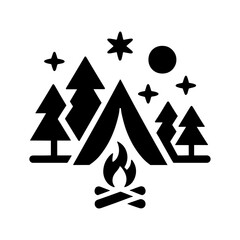  "Camping Icon: Illustrates A Tent And Campfire Surrounded By Forest Trees, Inviting You To Connect With Nature And Seek Adventure."