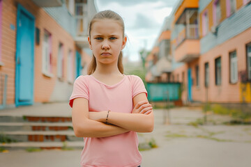 Little grumpy girl standing with her arms crossed in front of school in street. Angry tired child has problem in school. Emotions, stress, bullying and learning difficulties