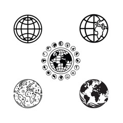 Globe earth world icons vector white on black illustration