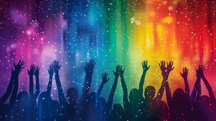 Fototapeta na wymiar Silhouette of raised hands in celebration on Rainbow Background