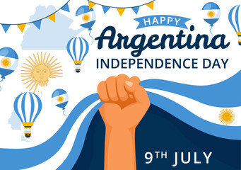 Happy Argentina Independence Day Vector Illustration on 9Th of july with Waving Flag and Ribbon in Flat Cartoon Celebration Background Design