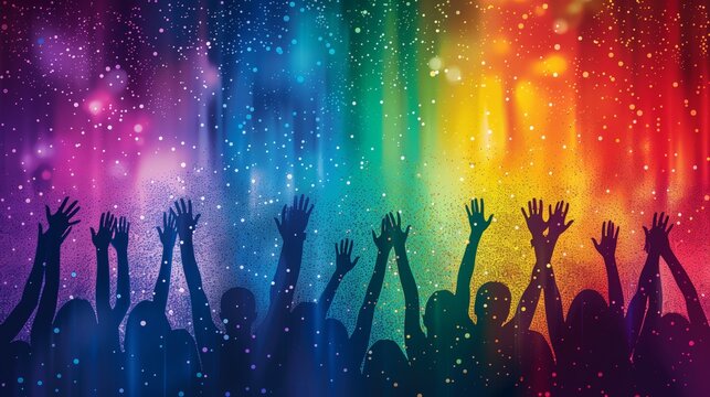 Silhouette of raised hands in celebration on Rainbow Background