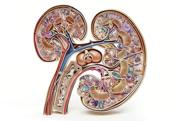 human kidneys anatomy crosssection detailed medical illustration 3d rendering on white background