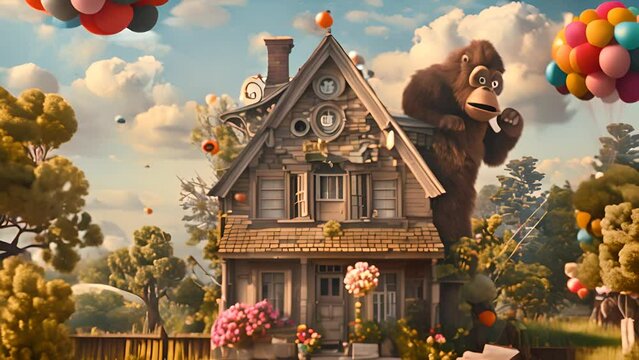Animated House Lifted by Balloons with Gorilla with Ai generated.
