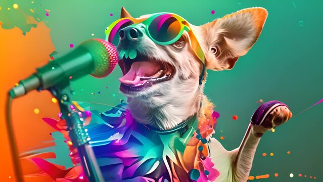 Joyful Dog Singing into Microphone with Sunglasses with Ai generated.
