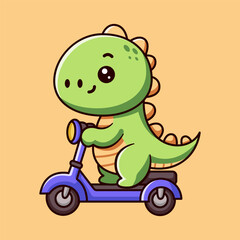 Cute dino riding scooter cartoon vector illustration