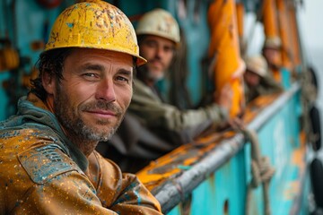 A construction worker in a yellow helmet covered with paint splatter, posing with a smile