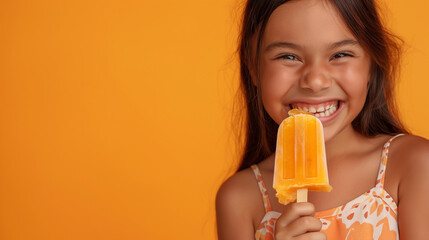 happy latin girl eating orange pop stick ice cream, summer wallpaper with copy space