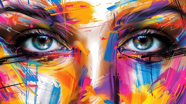 Woman face with abstract colorful painting. Digital art painting. 3D rendering.