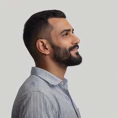 side pose portrait of a person with small hair and beard 