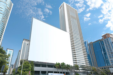 Mock up. Big blank white billboard on the facade of modern highrise building in the city