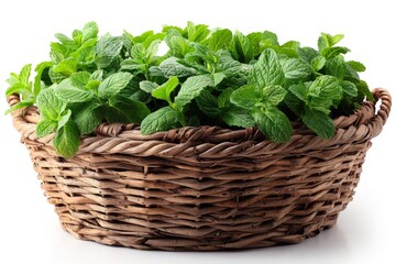 Naklejka premium A vibrant image showcasing fresh mint leaves organically grown and carefully placed in a traditional wicker basket, representing freshness and natural growth