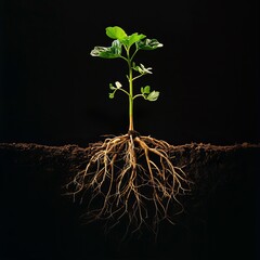 A growing plant with roots isolated on black background, space for text.  Organic, harvest, green, eco, fresh food concepts. 