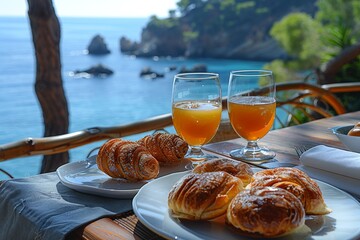 A serene breakfast setting with pastries and orange juice overlooking a calm sea