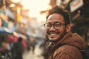 Portrait of a handsome asian man wearing eyeglasses and smiling at the camera.
