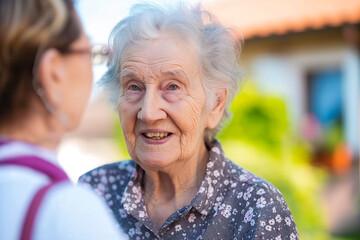 nurse caregiver support walking with elderly woman outdoor