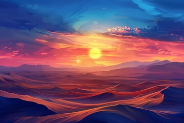 majestic sunset over vast desert dunes vivid colors and long shadows realistic illustration