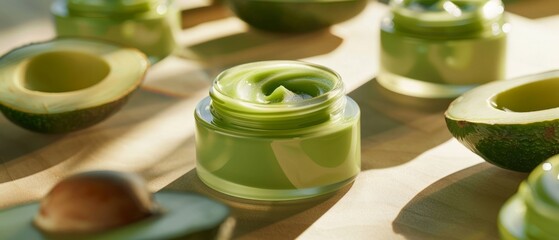 Avocado cream, lotion, moisturiser, beauty product in glass jar. 