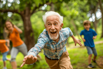Overjoyed multi-generation family running and having fun together outdoors.