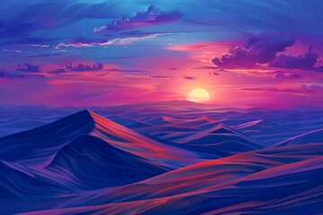 majestic sunset over vast desert dunes vivid colors and long shadows realistic illustration