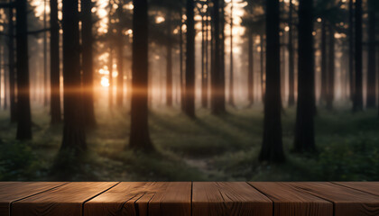 Empty table misty sunrise forest. and cozy feeling