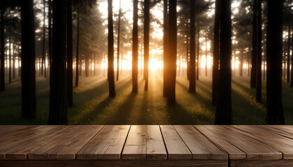 Empty table misty sunrise forest. and cozy feeling