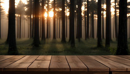 Empty table misty sunrise forest. and cozy feeling