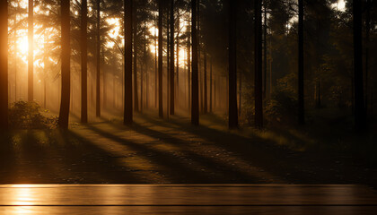Empty table misty sunrise forest. and cozy feeling