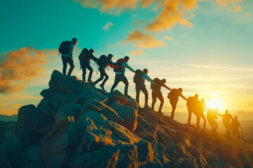 Panoramic view of team of people holding hands and helping each other reach the mountain top in...
