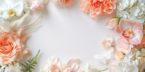An elegant floral banner with white orchids and peach pink roses. Empty space for text. 