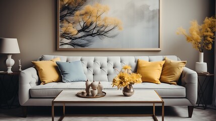 Flat lay with home decor in living room 